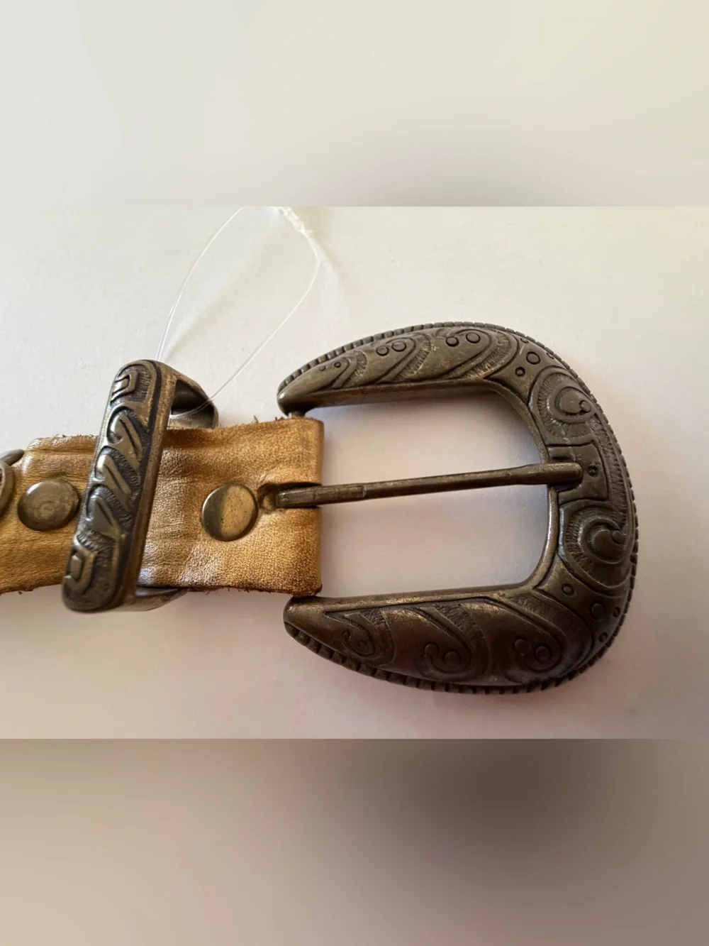 Western Studded Leather Belt with Decorative Silver Buckle - Tan